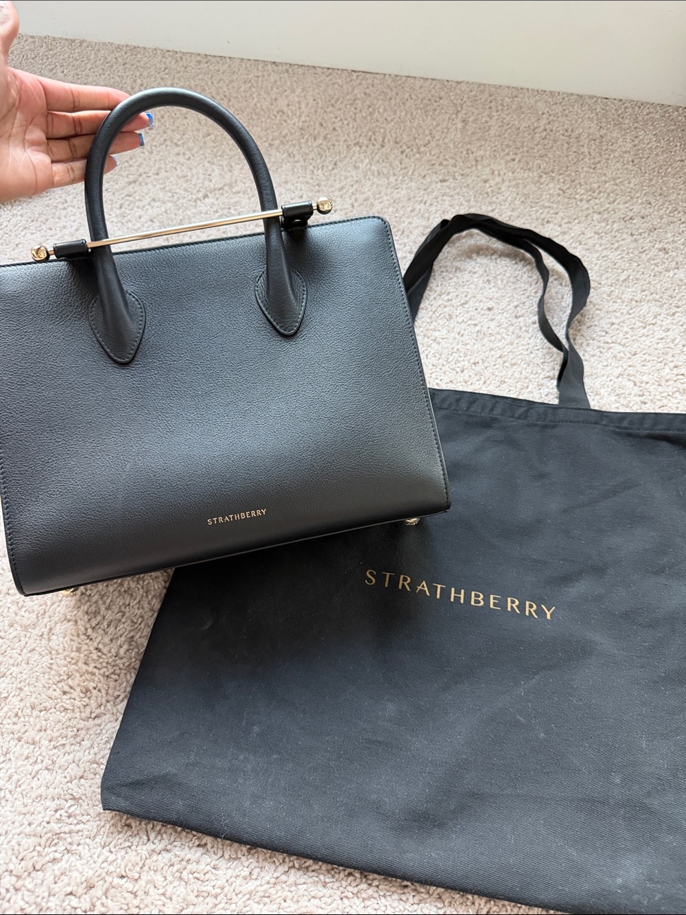 Strathberry Black Leather Top-Handle Satchel with Gold Bar